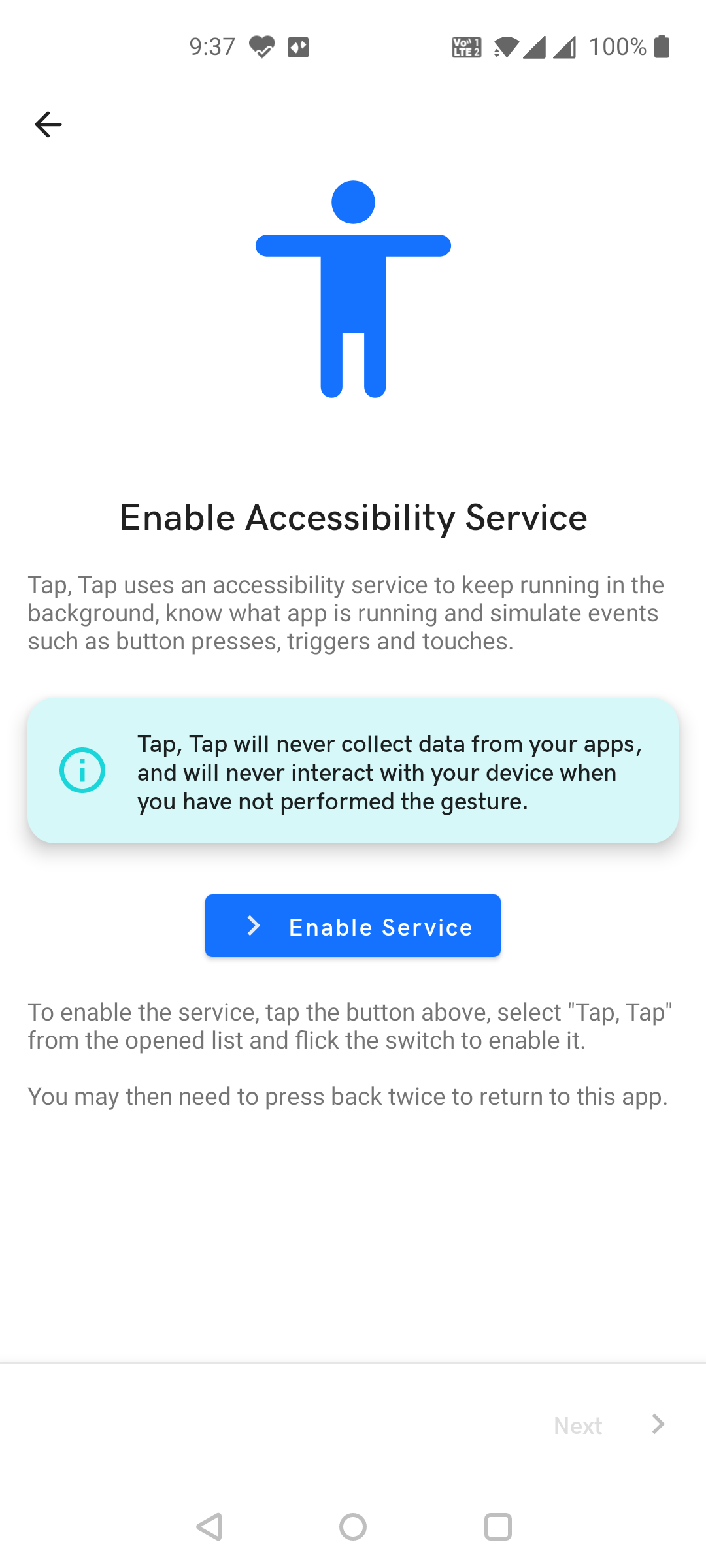 Включение службы Tap, Tap