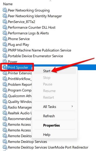 Перезапуск службы Print Spooler в службах Windows