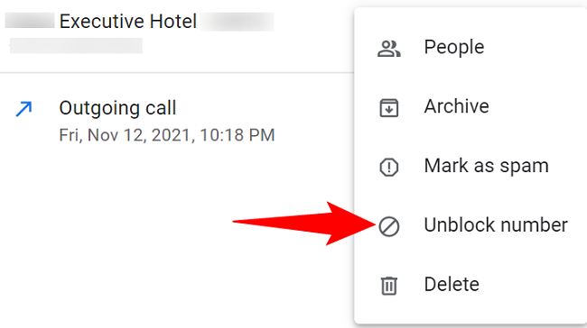 Выберите «Разблокировать номер» в меню.
