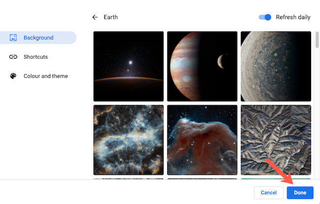 Кнопка завершения настройки фона новой вкладки