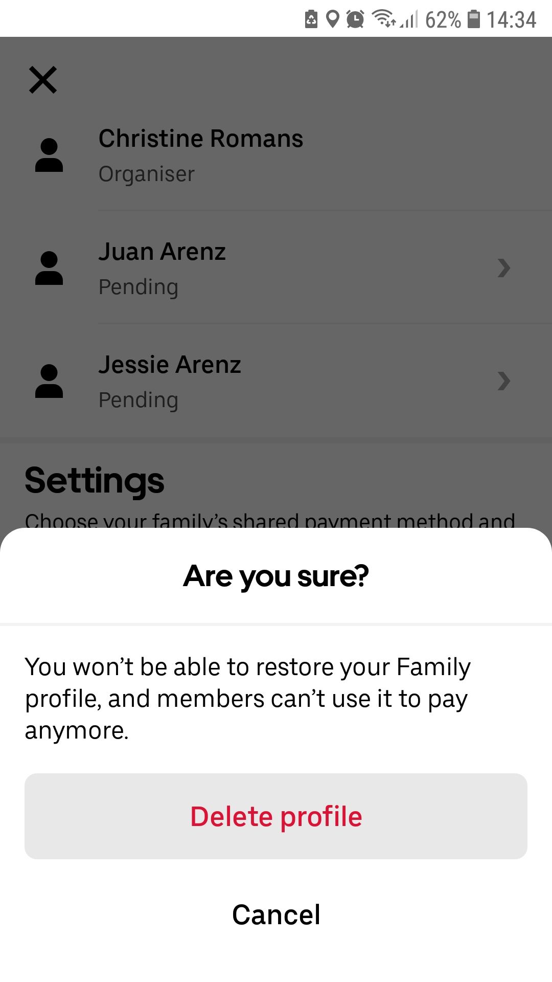 Экран приложения Uber — удаление семейного профиля