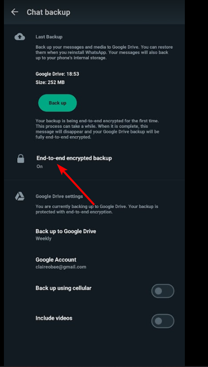 Параметр резервной копии с сквозным шифрованием — Android