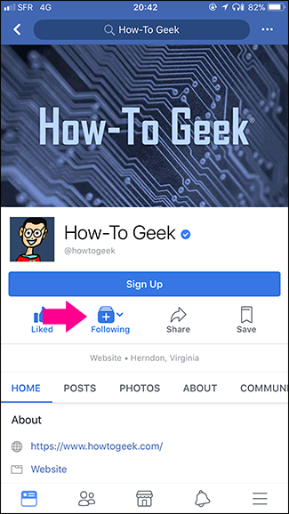 Страница Facebook на мобильном: кнопка Following выделена