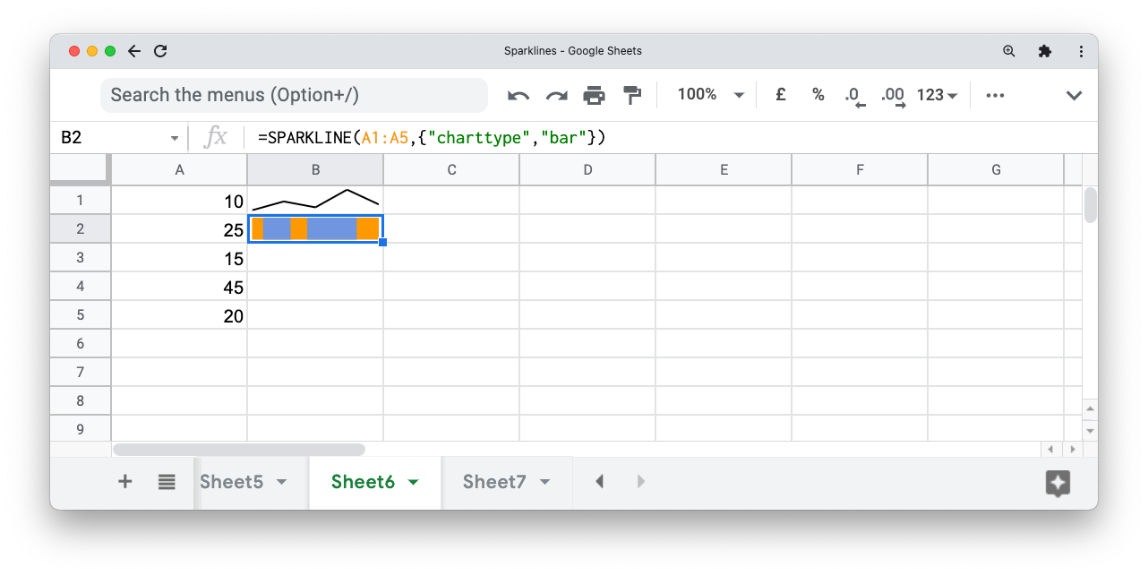 Скриншот Google Sheets с bar sparkline