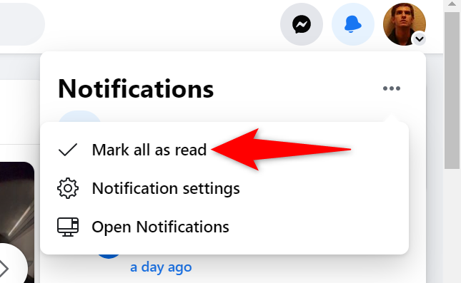 Кнопка «Пометить все как прочитанные» в меню уведомлений.