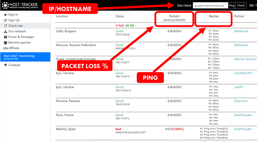 Тестирование пинга игрового сервера и потерь пакетов
