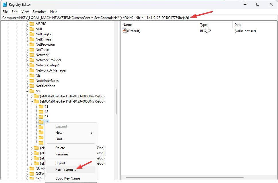 Снимок экрана: окно Разрешения для ключа реестра