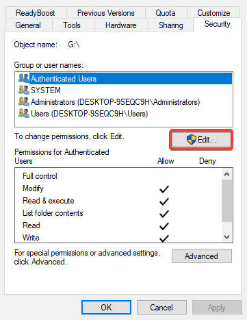 Окно редактирования разрешений для тома в Windows