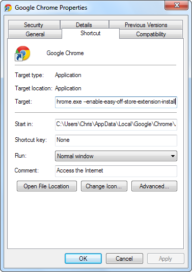 Изменение свойств ярлыка Chrome для добавления флага запуска