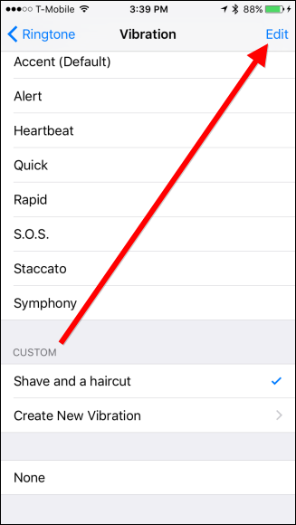 Кнопка Редактировать в списке вибраций