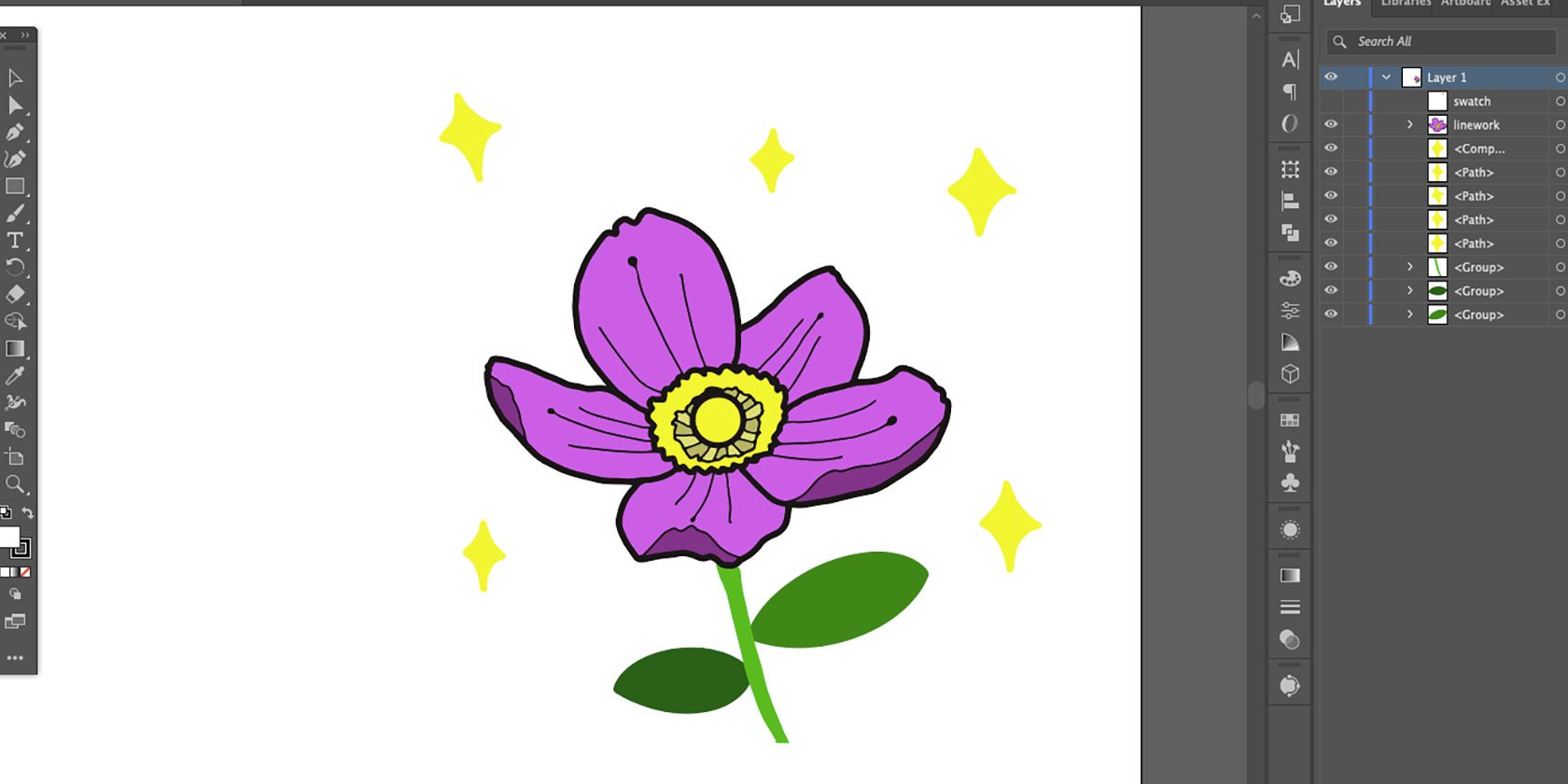 Окрашенный векторный рисунок в Illustrator с несколькими цветовыми областями.