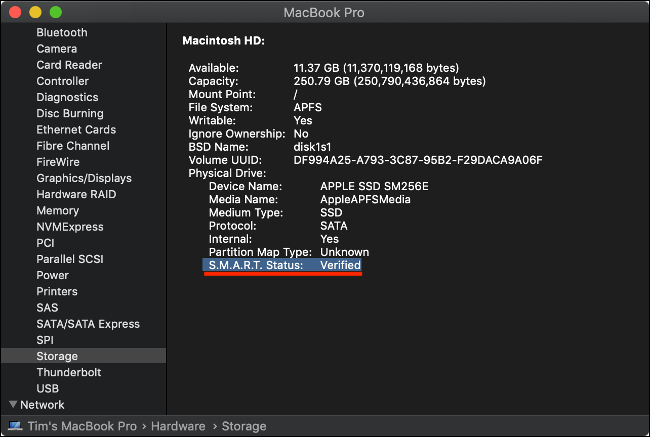 Системный отчёт macOS с показателем S.M.A.R.T. для SSD
