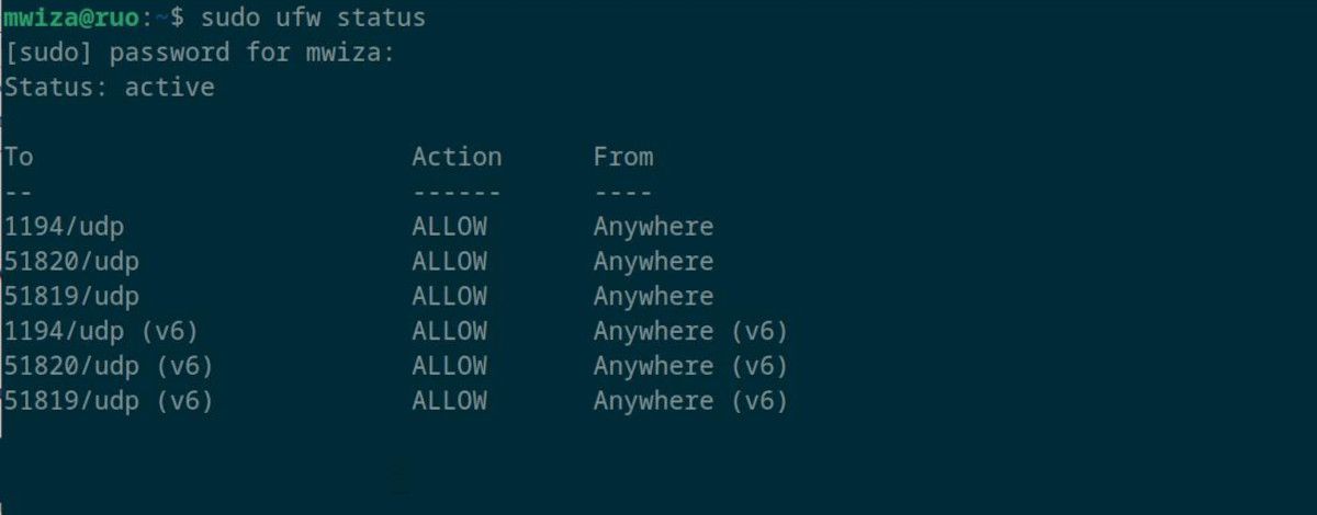 Статус правил UFW на Linux