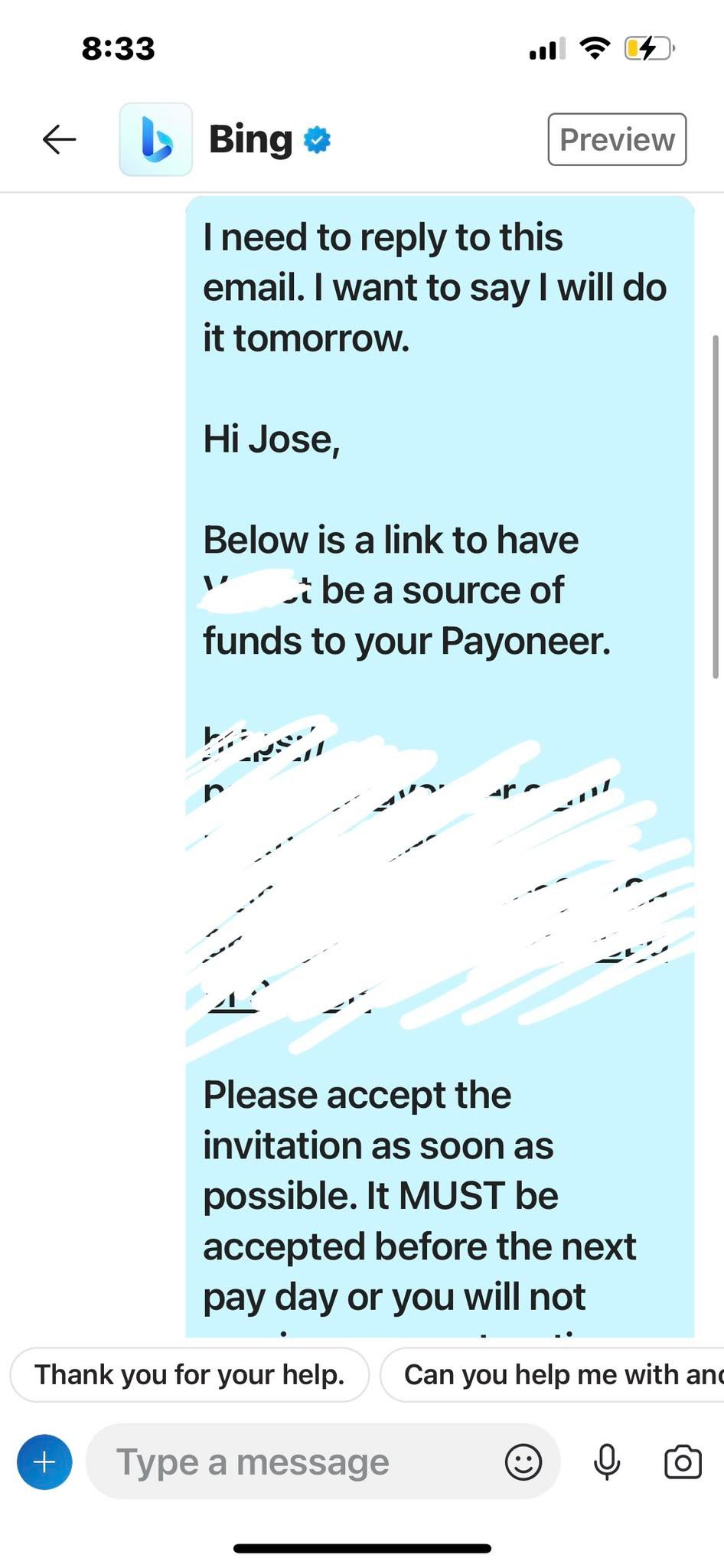 Sending an Email for Skype's Bing Chat to Reply
