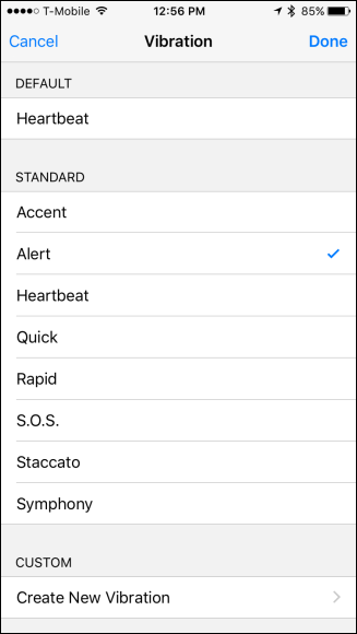 Экран выбора вибрации и создания собственной вибрации