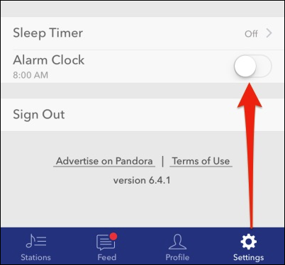 Настройки Pandora на iOS — доступ снизу справа