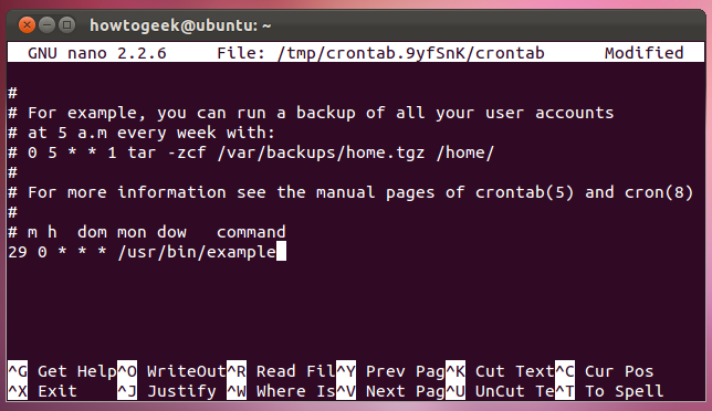 Пример строки crontab с командой для исполнения