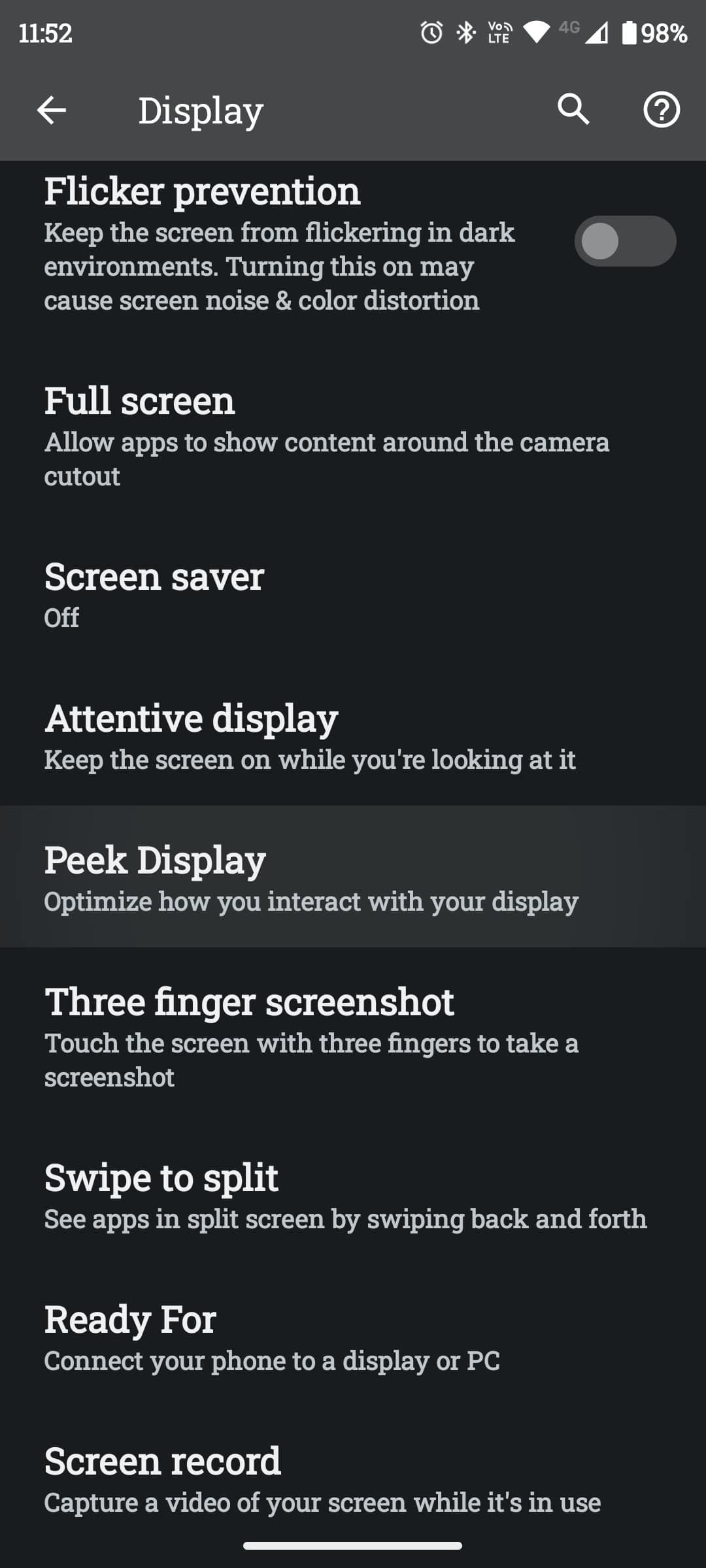 Страница настроек Дисплей с выделенным Peek Display