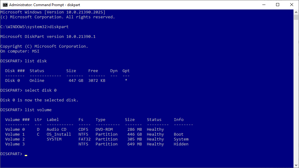 Командная строка DiskPart с командами для удаления раздела восстановления