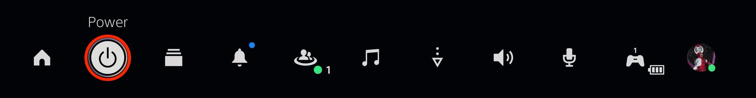 PlayStation 5 Control Center with Power option highlighted.