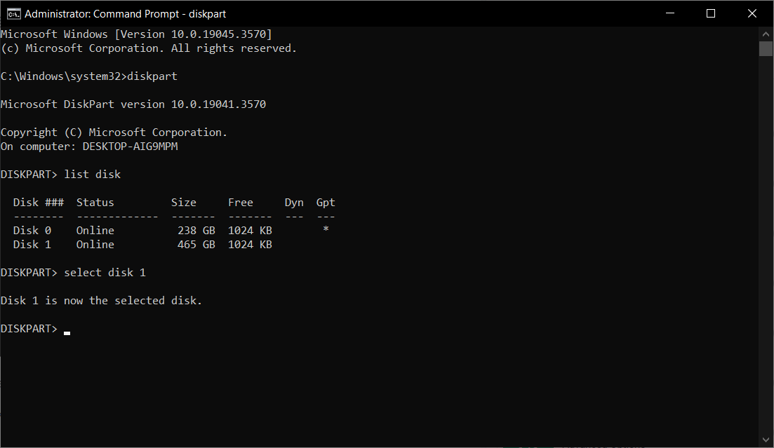 Пример выбора диска в diskpart