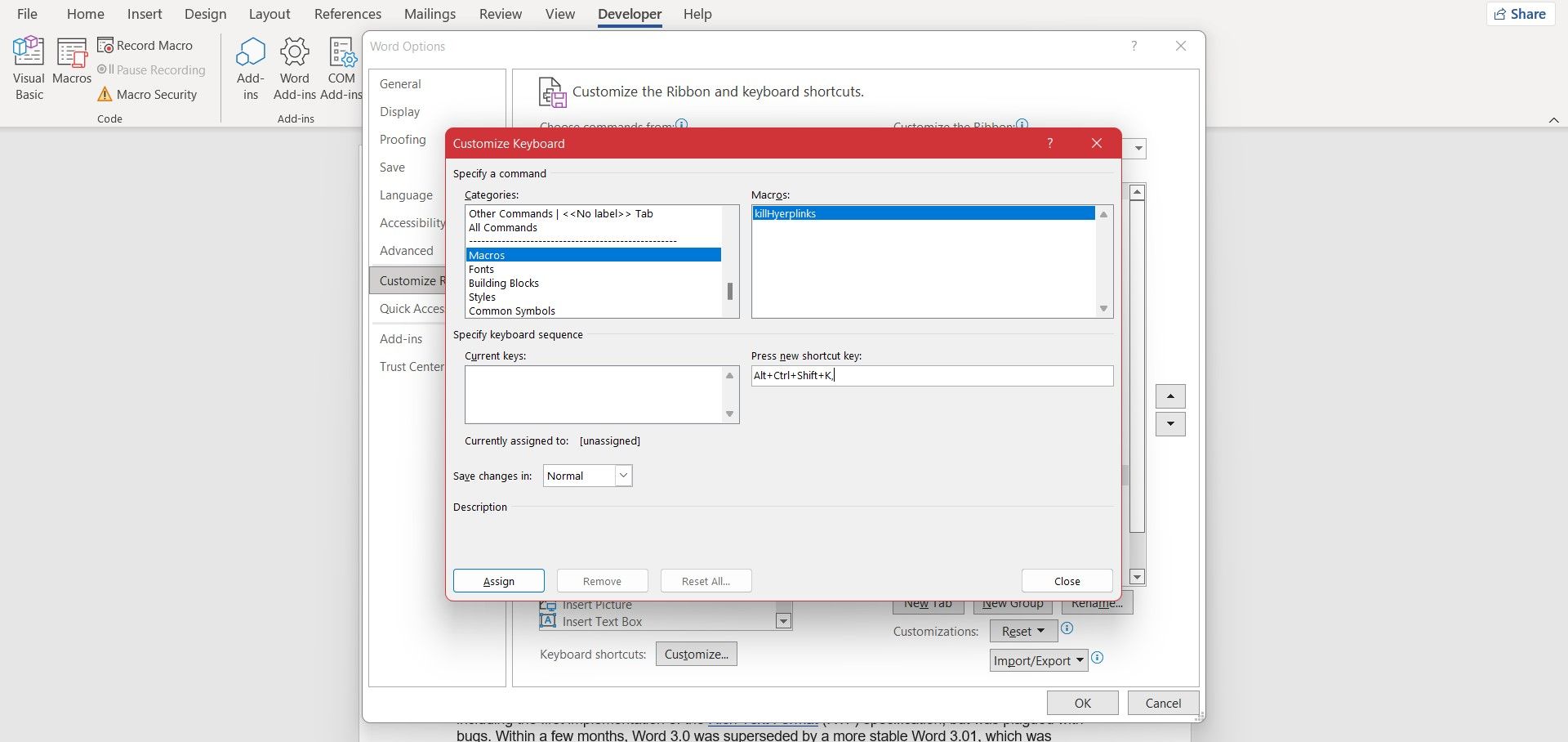 Назначение сочетания клавиш для макроса в Word