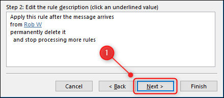 Кнопка Next в мастере правил