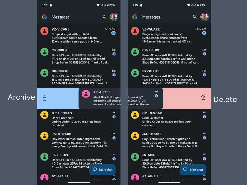 Настройка свайпа в Google Messages