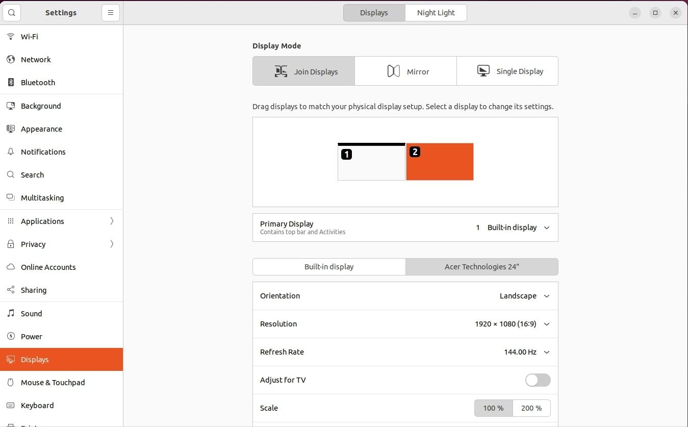 Окно настроек дисплеев в Ubuntu с расположением мониторов
