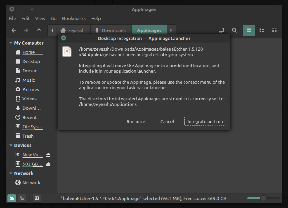 Диалог AppImageLauncher: интеграция или однократный запуск