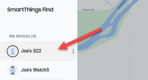 Выбор устройства в SmartThings Find