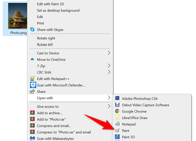 Выбор команды «Открыть с помощью» и Paint