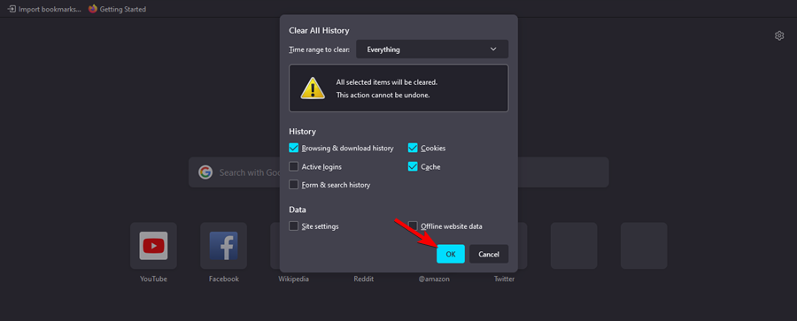 Диалог выбора для очистки данных: кэш и cookies
