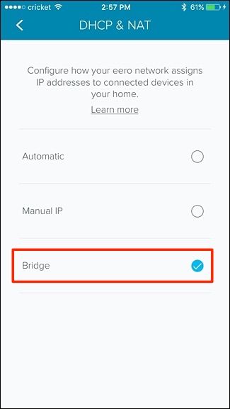 Выбор режима Bridge в приложении Eero