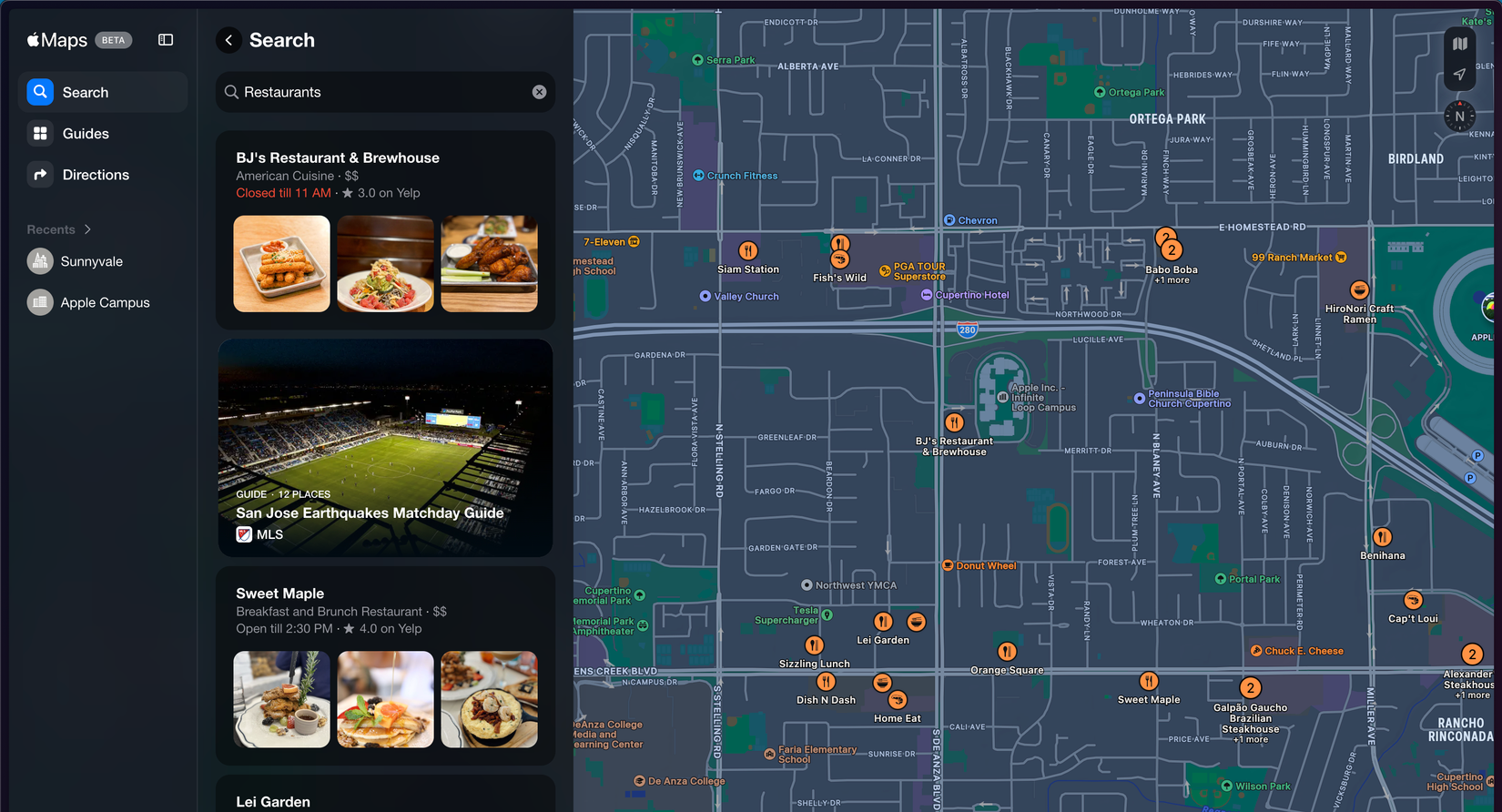 Apple Maps web app showing suggested restaurants near Apple Park