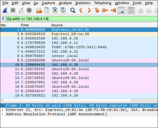 Wireshark с фильтром исключающим адрес 192.168.4.14