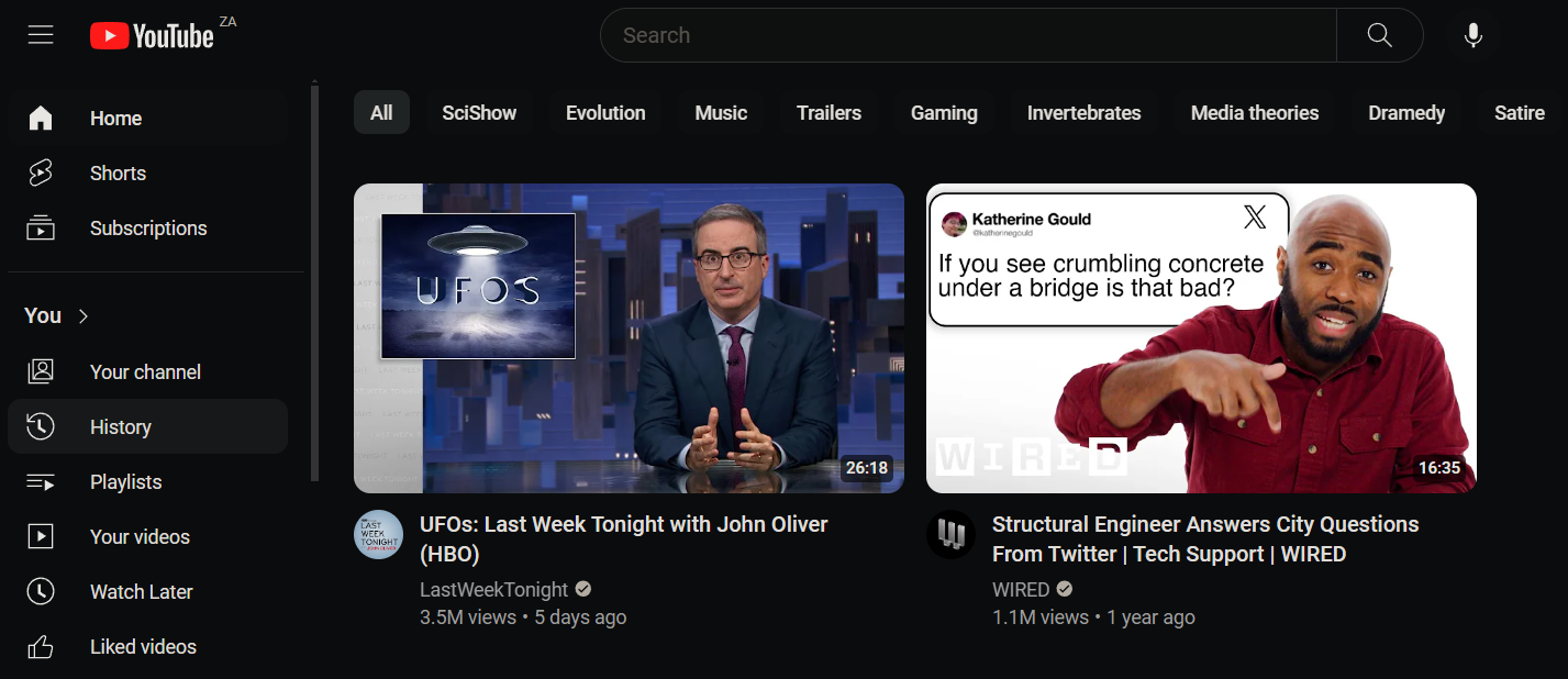 панель «Библиотека» на YouTube с опцией «История»