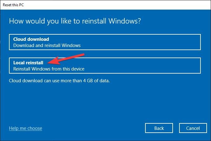 Выбор локальной переустановки Windows