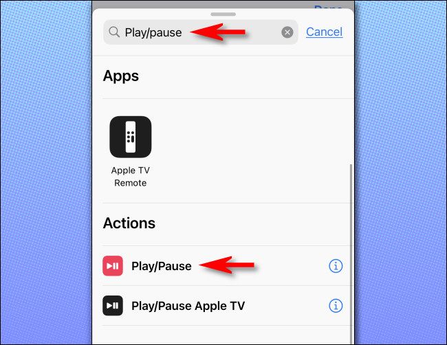 In the action list, search for 'Play/pause