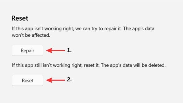 Opção de reparar e redefinir app Hulu no Windows