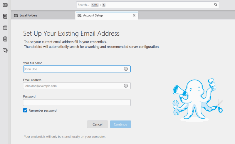 Интерфейс Thunderbird: экран входа в почту