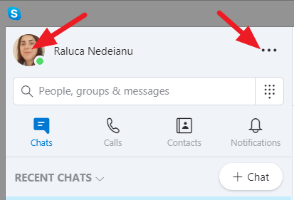 Кнопка профиля и меню Skype