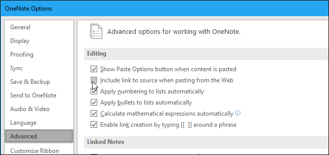 Снимок экрана: параметр отключения вставки ссылки