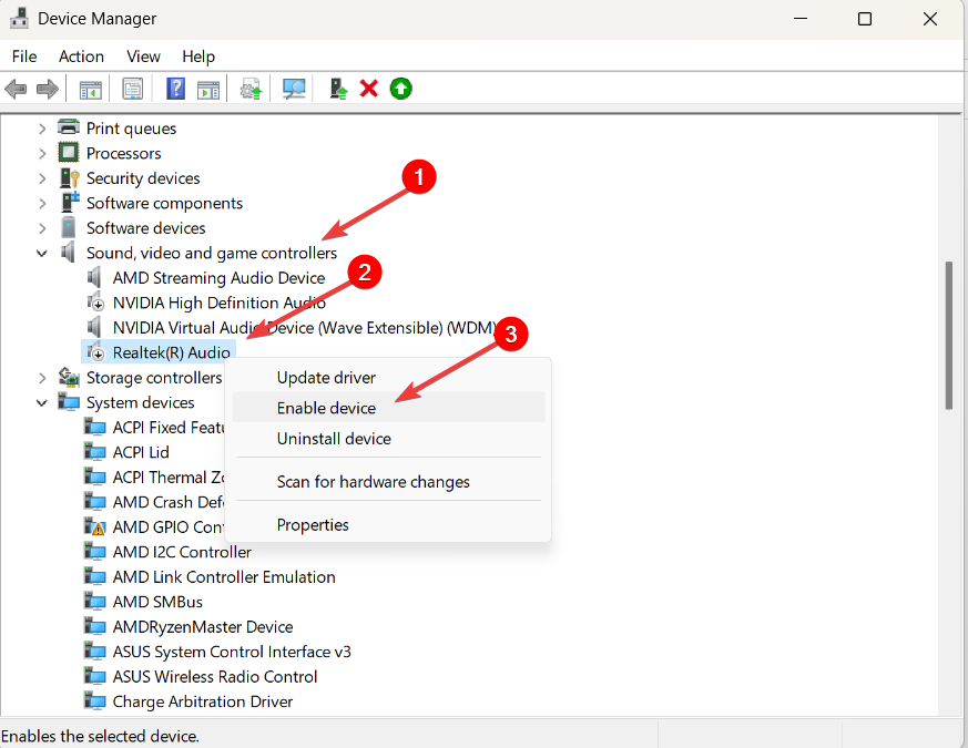 Включение звукового устройства в Диспетчере устройств