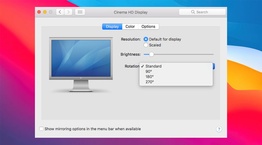 Меню Display с опцией Rotation выделено