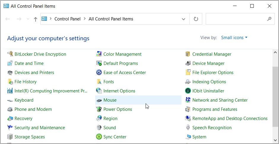 Выбор элемента Мышь в Панели управления