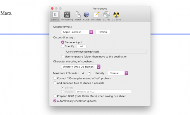 Скриншот XLD: окно выбора выходного формата и меню Open