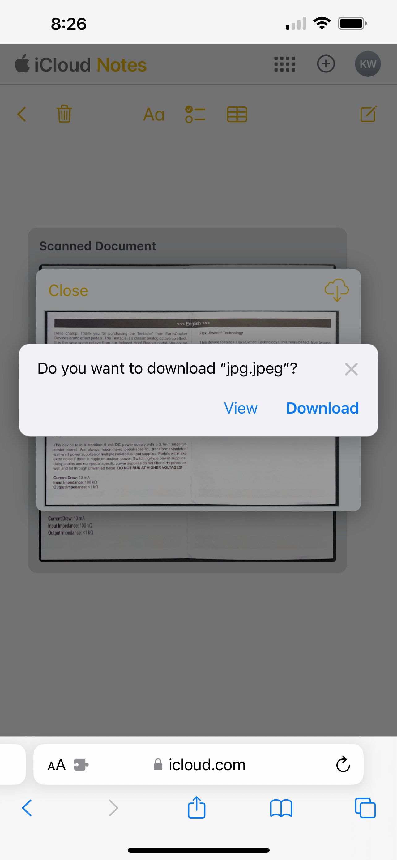 Подтверждение загрузки изображения из iCloud Notes на iPhone