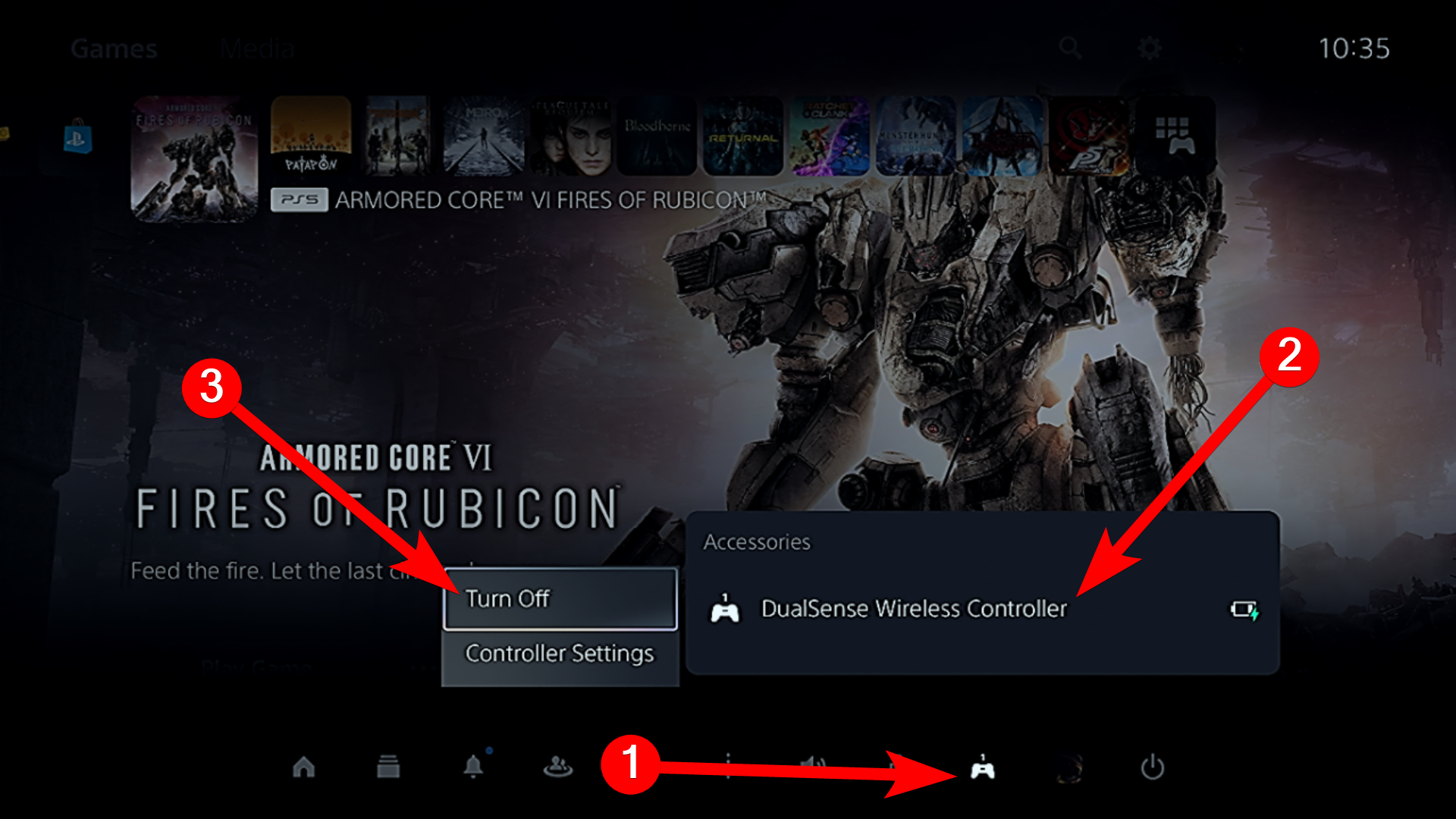Выключение контроллера DualSense на PS5.