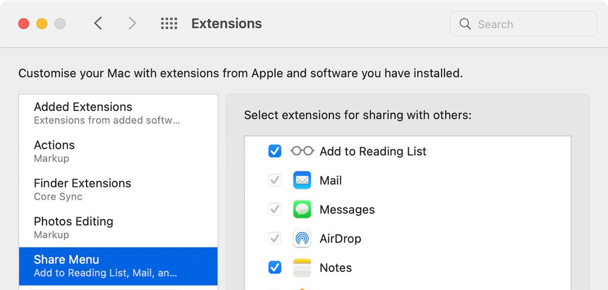 Параметры расширений меню 
